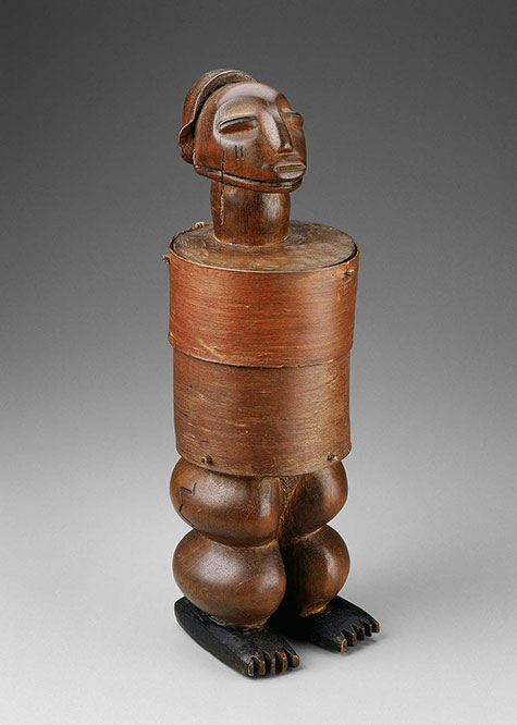 jewelry box in the shape of figure, with head atop compartments and feet as pedestal