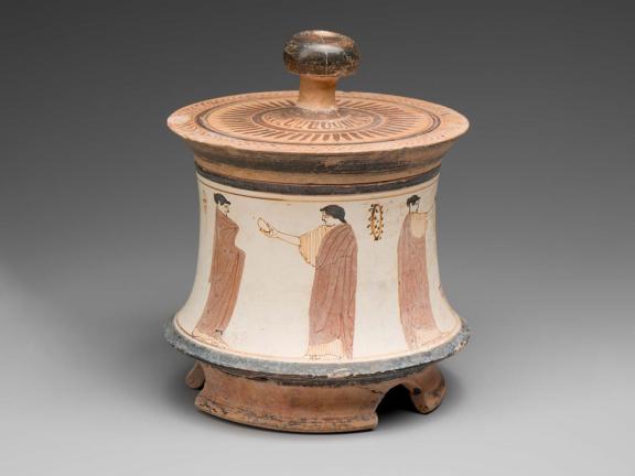 picture of a lidded container with portraits of women painted on it