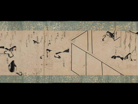 detail of a scroll with different female figures sleeping