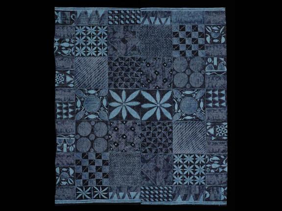 textile with blue and black geometric pattern